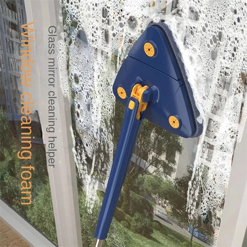 Blue extendable triangle mop with rotating head and adjustable stainless steel pole for corner cleaning