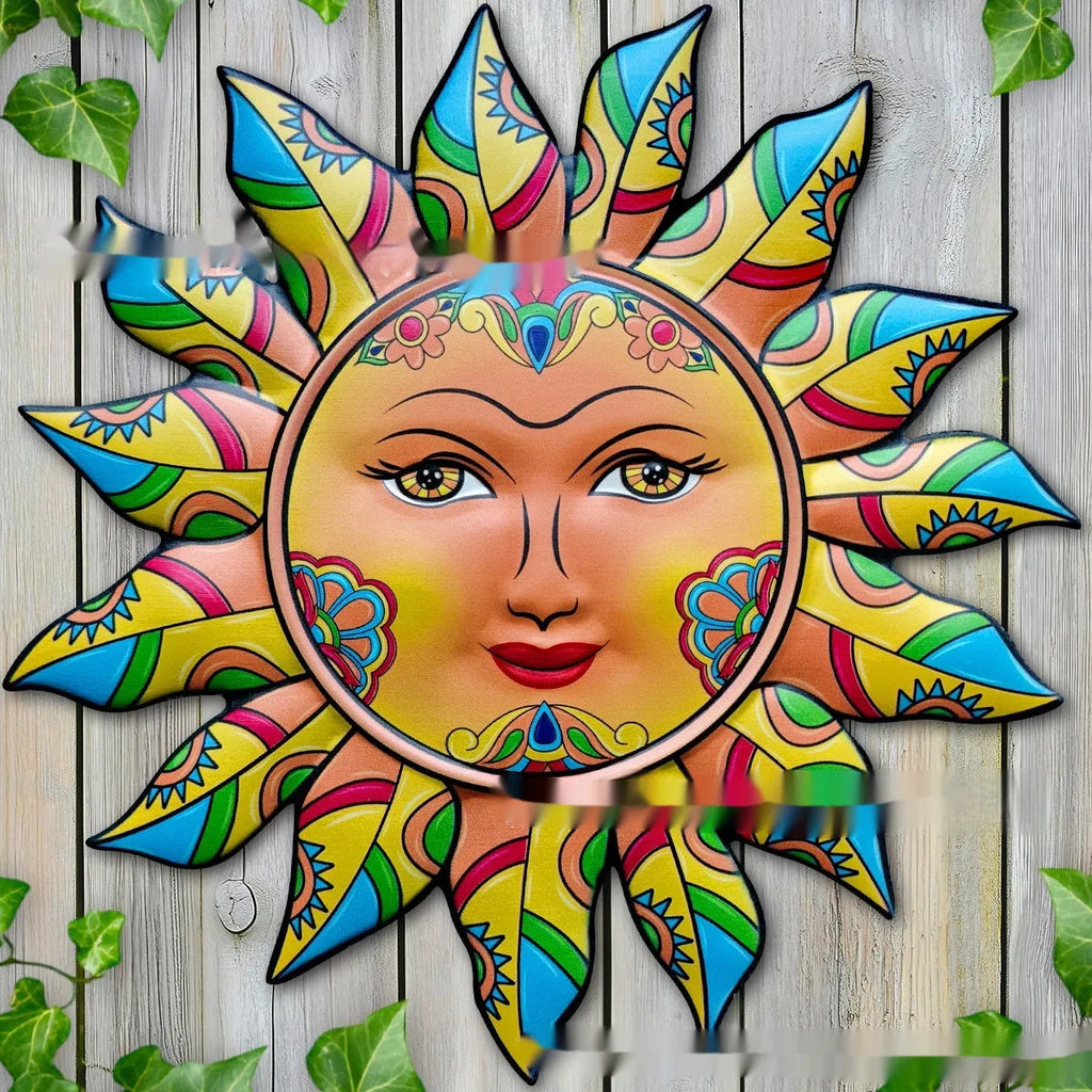 Iron sun face metal wall hanging decorative artwork for garden or indoor walls.