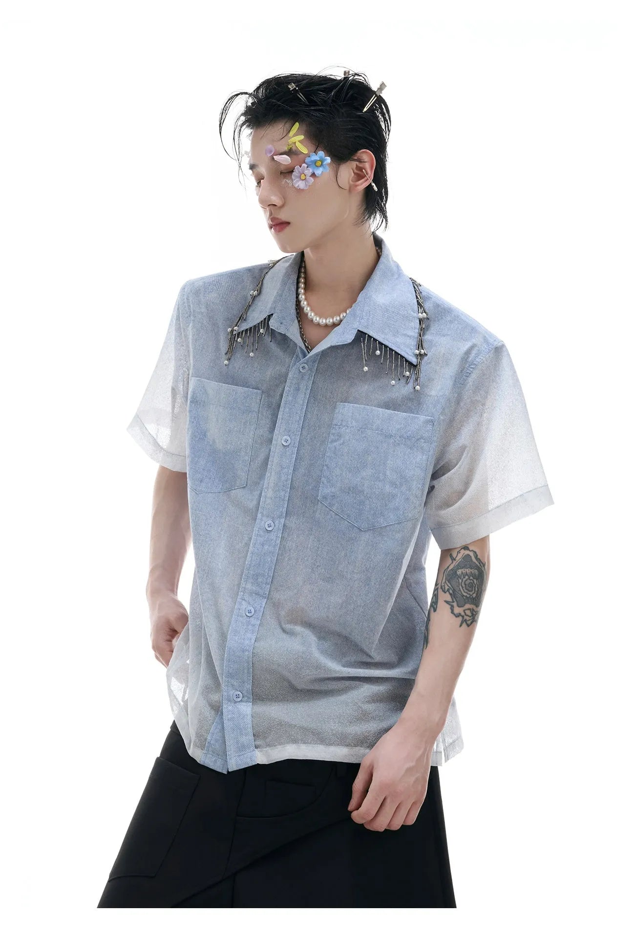 Men's loose fit blue and white gradient short sleeve shirt with quilted detailing