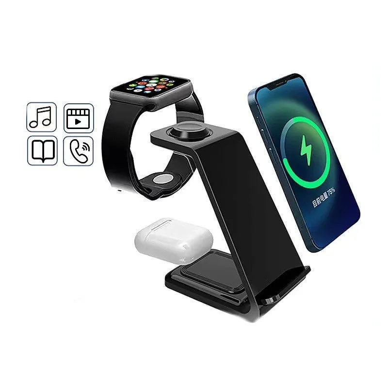 White 3-in-1 upright wireless phone charger with dual coil technology and Type-C cable