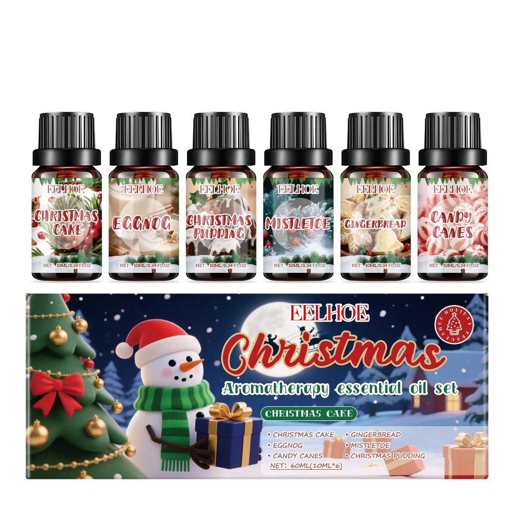 Christmas aromatherapy oil set showing six bottles including 60ml and 10ml sizes