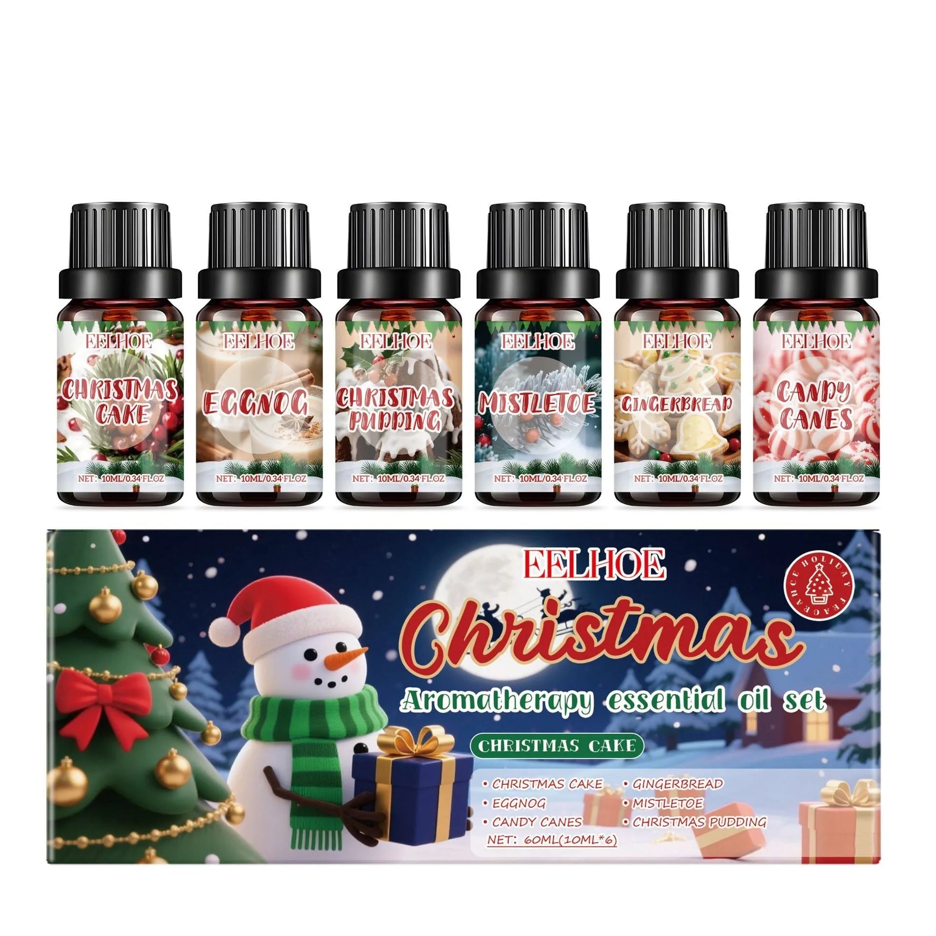 Christmas aromatherapy oil set showing six bottles including 60ml and 10ml sizes