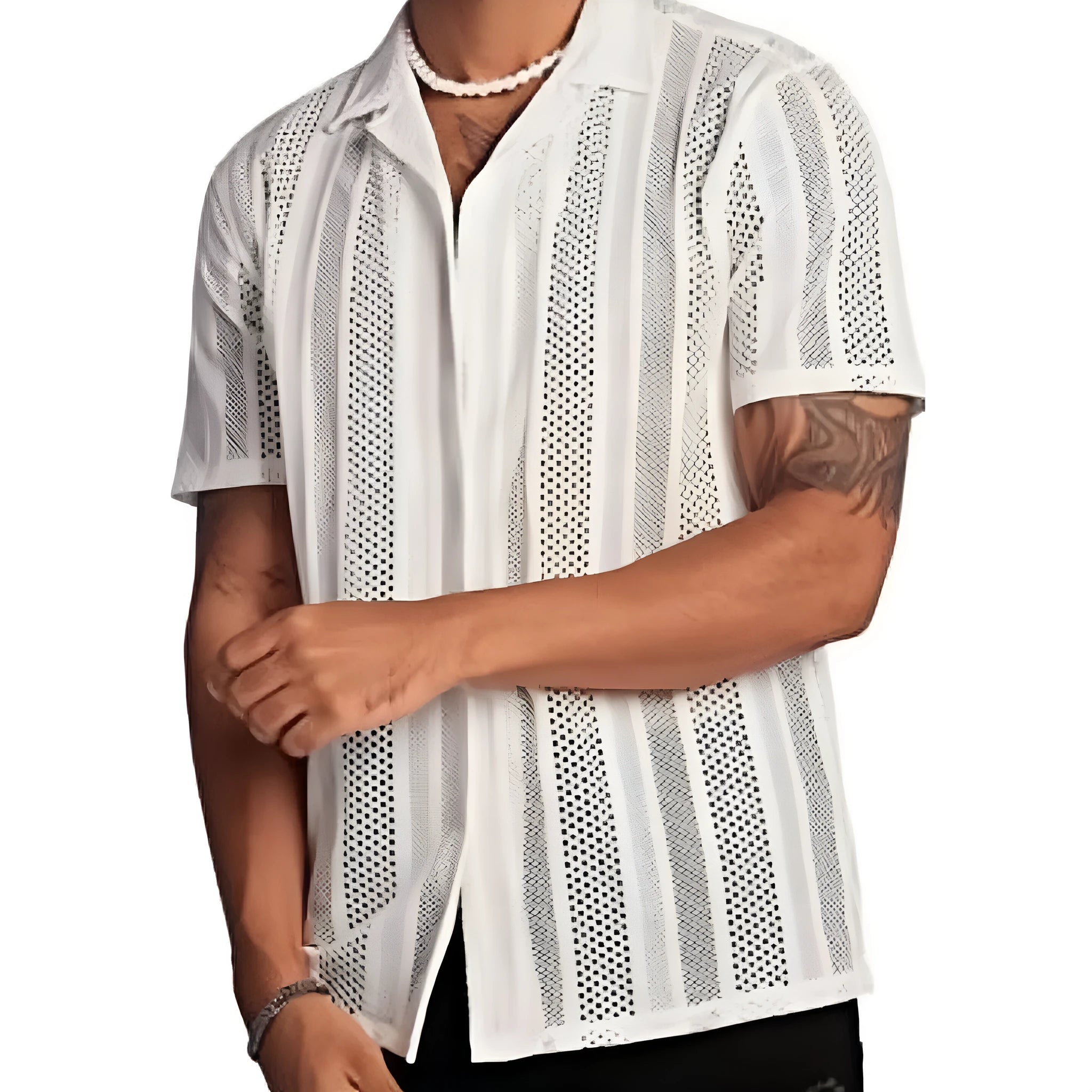 Men's black knitted short-sleeved button shirt with jacquard texture and cardigan style