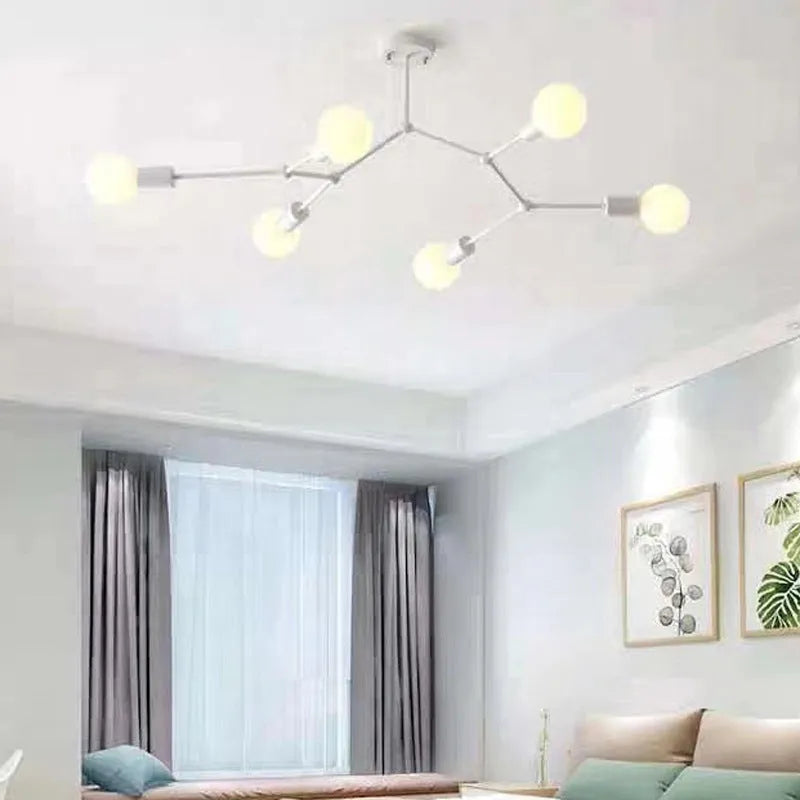 Iron chandelier ceiling lamp with Nordic design in black or white, showing 3-head, 4-head, and 6-head options.