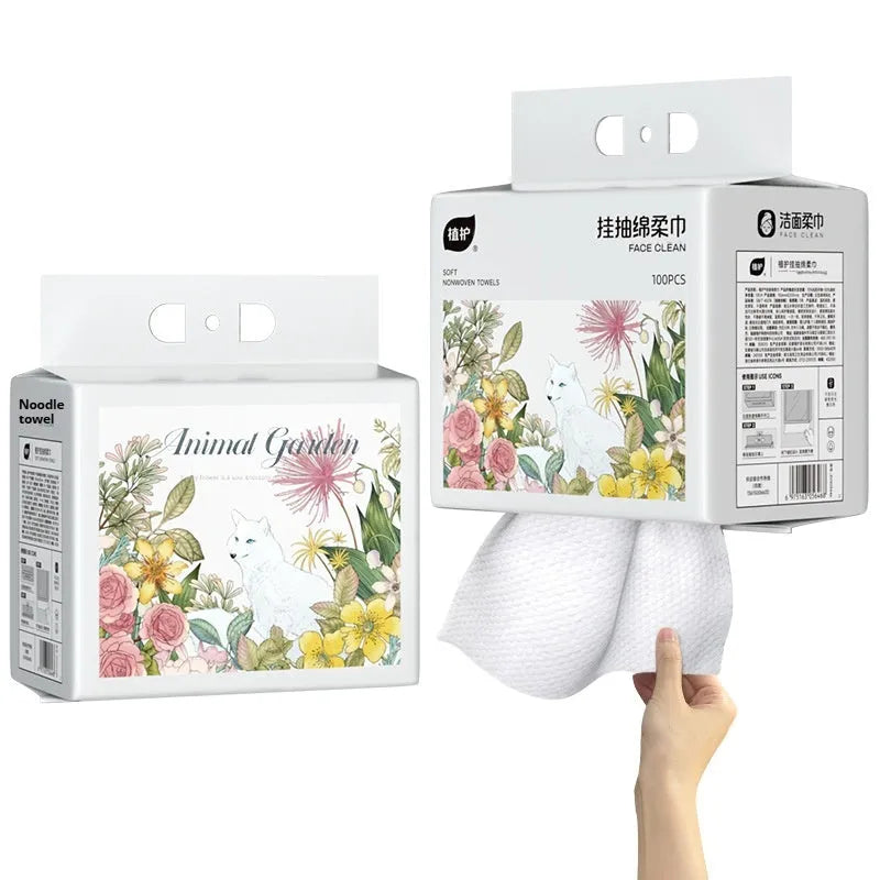 Disposable hanging roll of 100 soft face cloths made from viscose and polyester blend