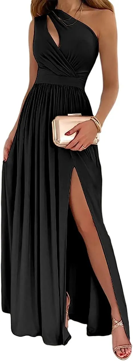 Women's one shoulder maxi dress with high split and cutout detail in soft flowy fabric