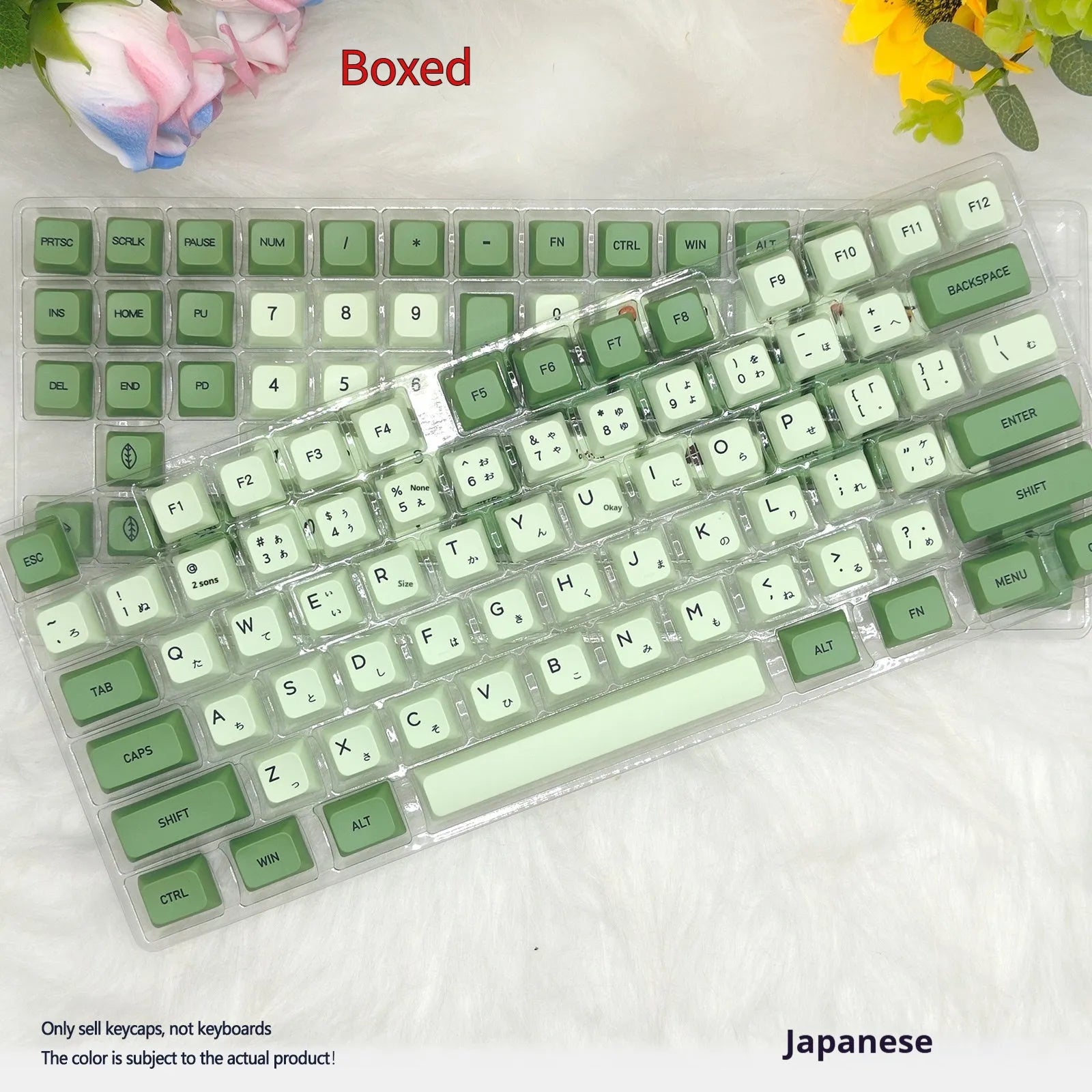 Full set of 124 matcha green PBT keycaps for a mechanical keyboard, showing various international layout options.