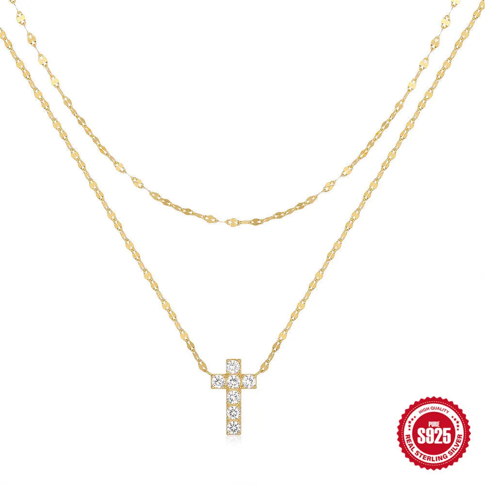 Sterling silver double layer cross pendant necklace with clavicle chain in gold or white gold plating