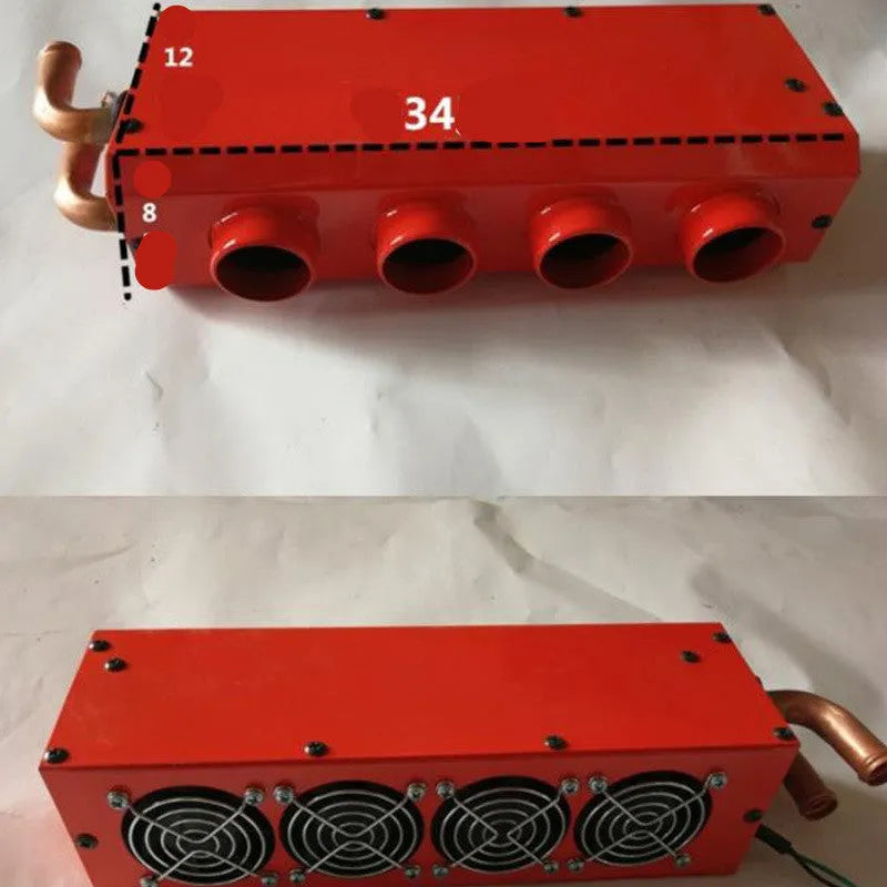 Metal auxiliary car heater with four-hole copper pipe connections for 12V and 24V vehicle installation.