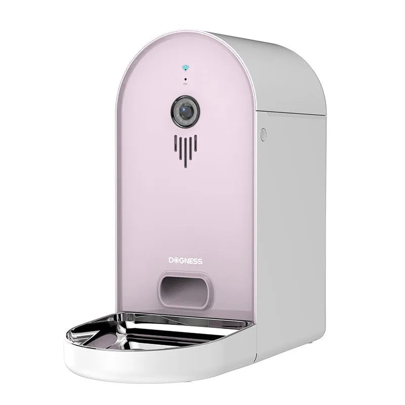 Automatic pet feeder in Barbie pink colour with ivory white accents showing feeding mechanism