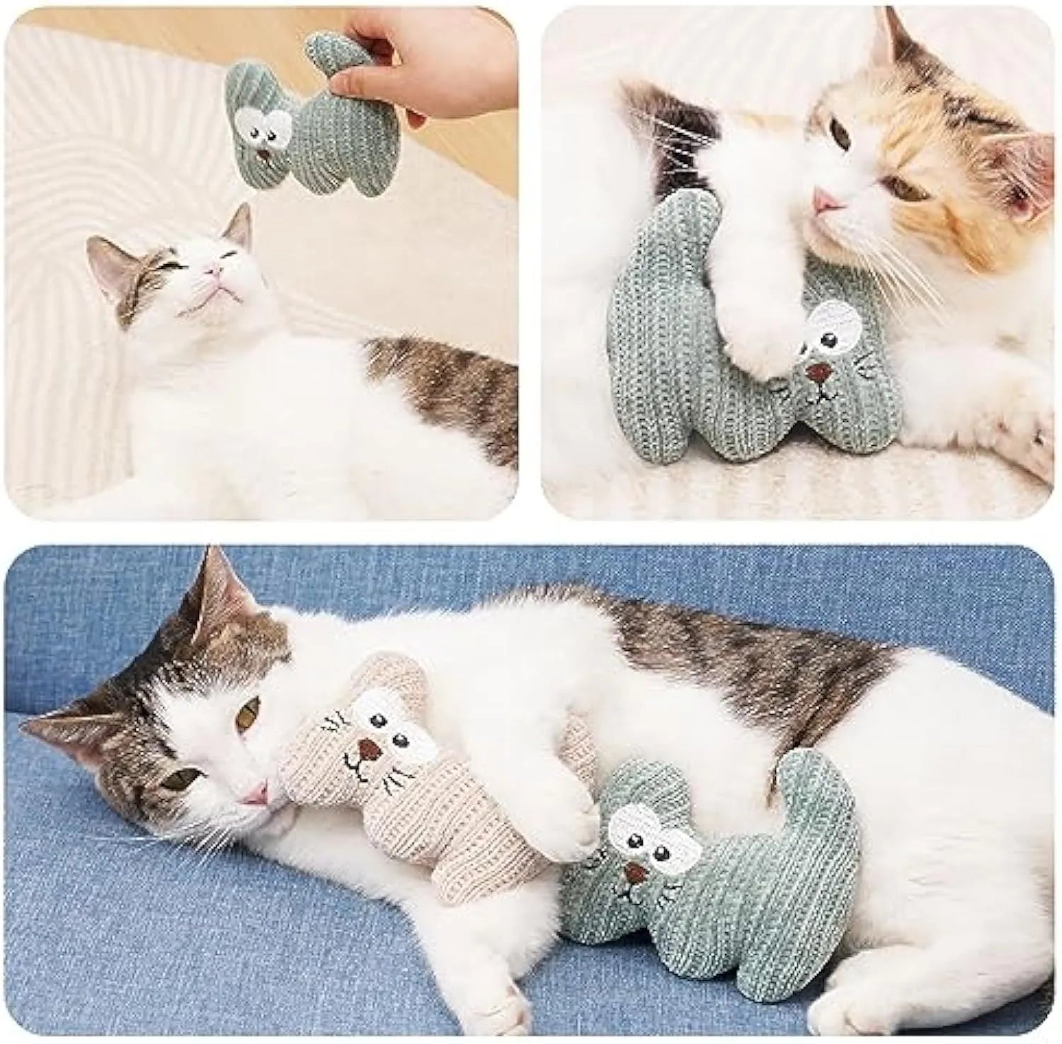 Cyan plush rope catnip toy with bell for cats, showing knitted fabric texture and measuring 12 cm by 11 cm