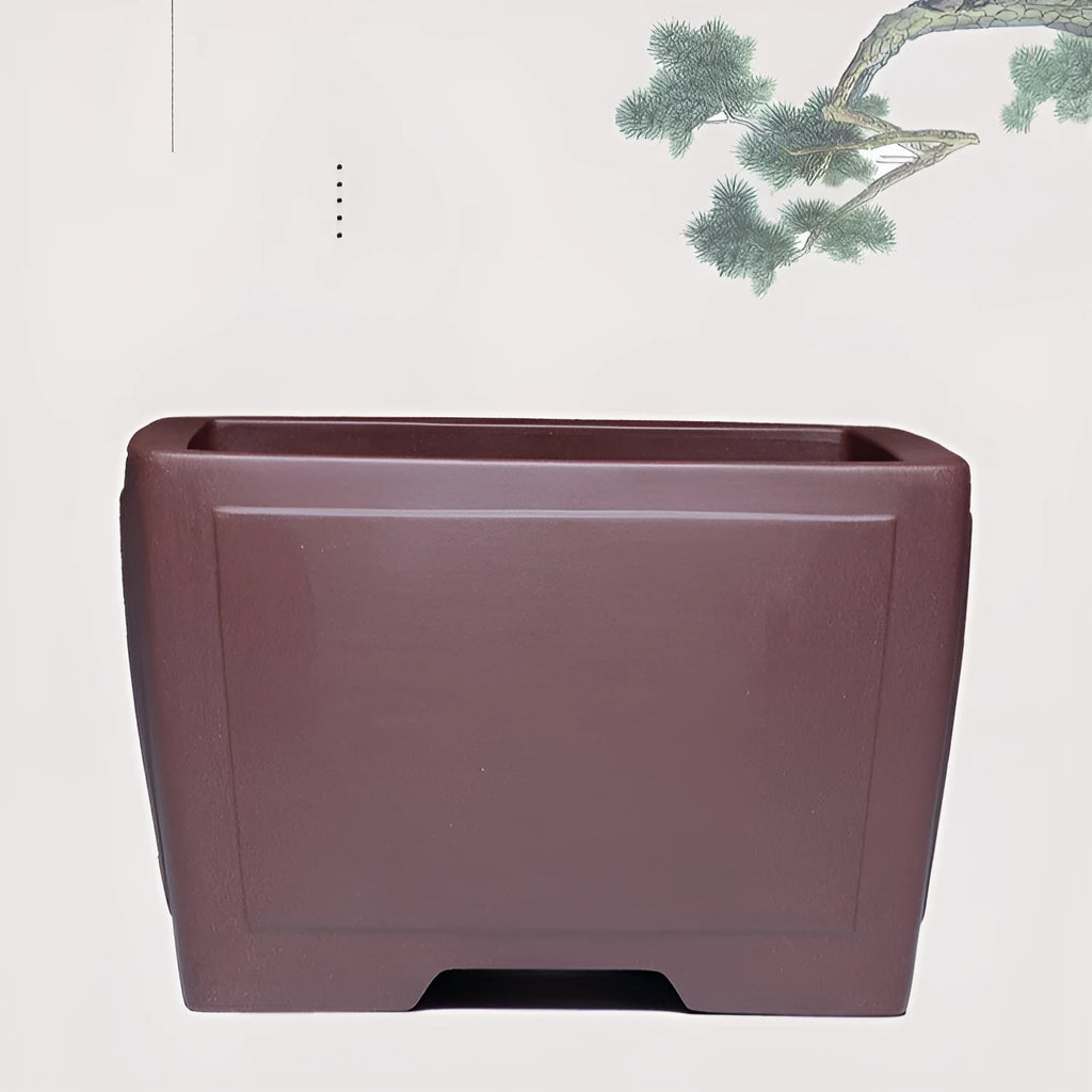 Square purple clay succulent bonsai pot in classical style on a wooden table.