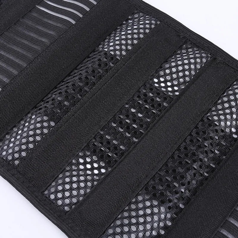 Black sports waist support belt with steel plate for lumbar decompression during running, yoga and fitness.