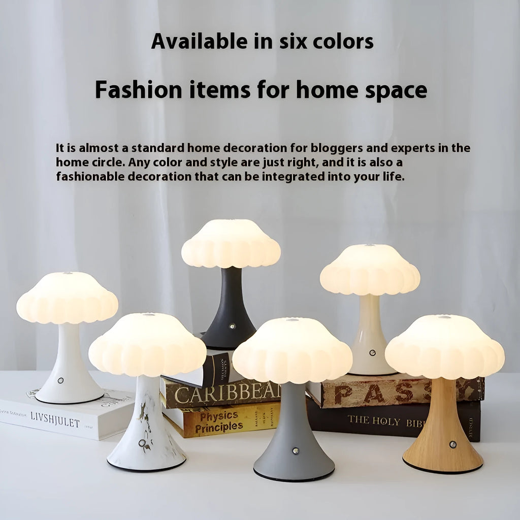 Wood grain coloured mushroom-shaped touch control night light on a wooden surface.