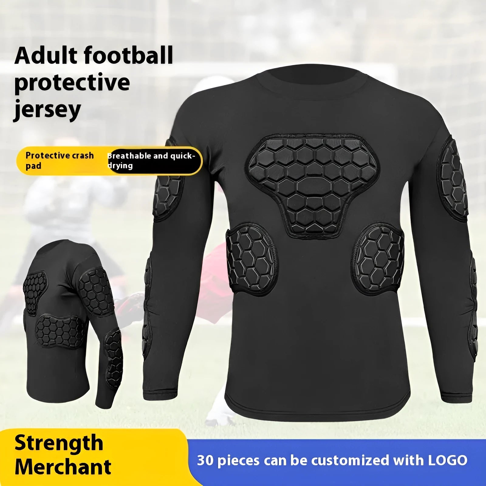 Men's goalkeeper anti-collision long-sleeved top and pants with honeycomb padding in black.
