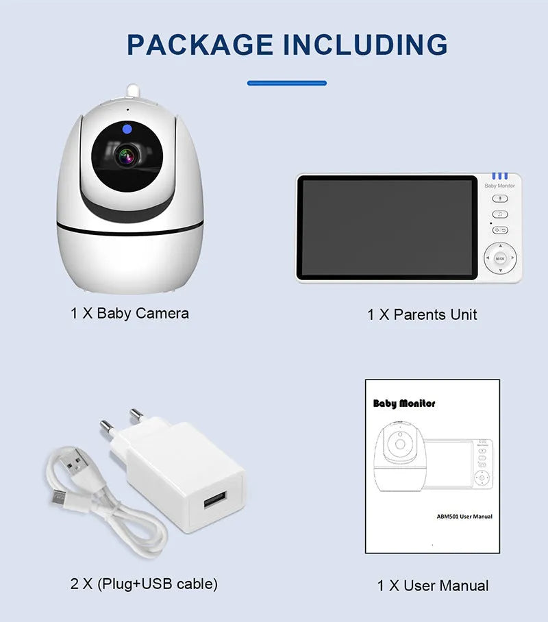 White HD wireless baby monitor with 5-inch screen and separate camera on a nursery shelf.