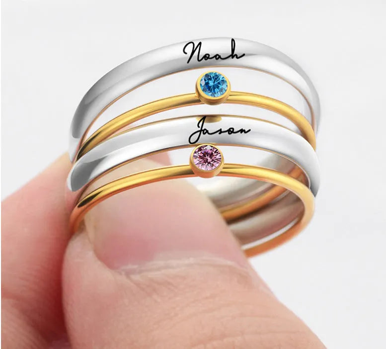 Close-up of a gold electroplated titanium steel ring with an engraved December birthstone geometric design.