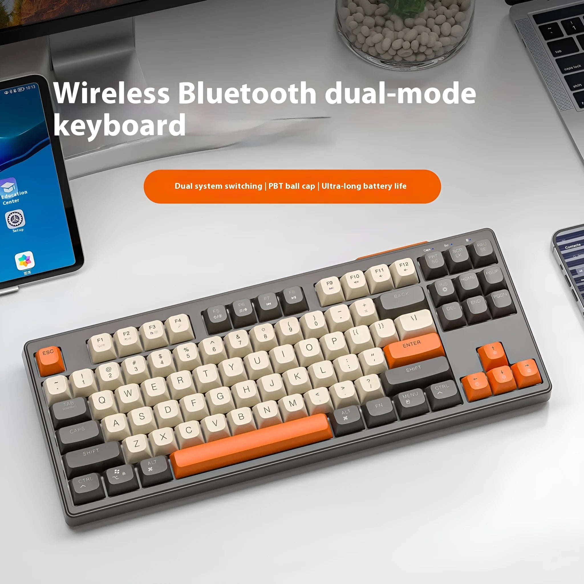 Free Wolf M87 wireless Bluetooth dual-mode mechanical feeling keyboard in selected colour with USB receiver and charging cable