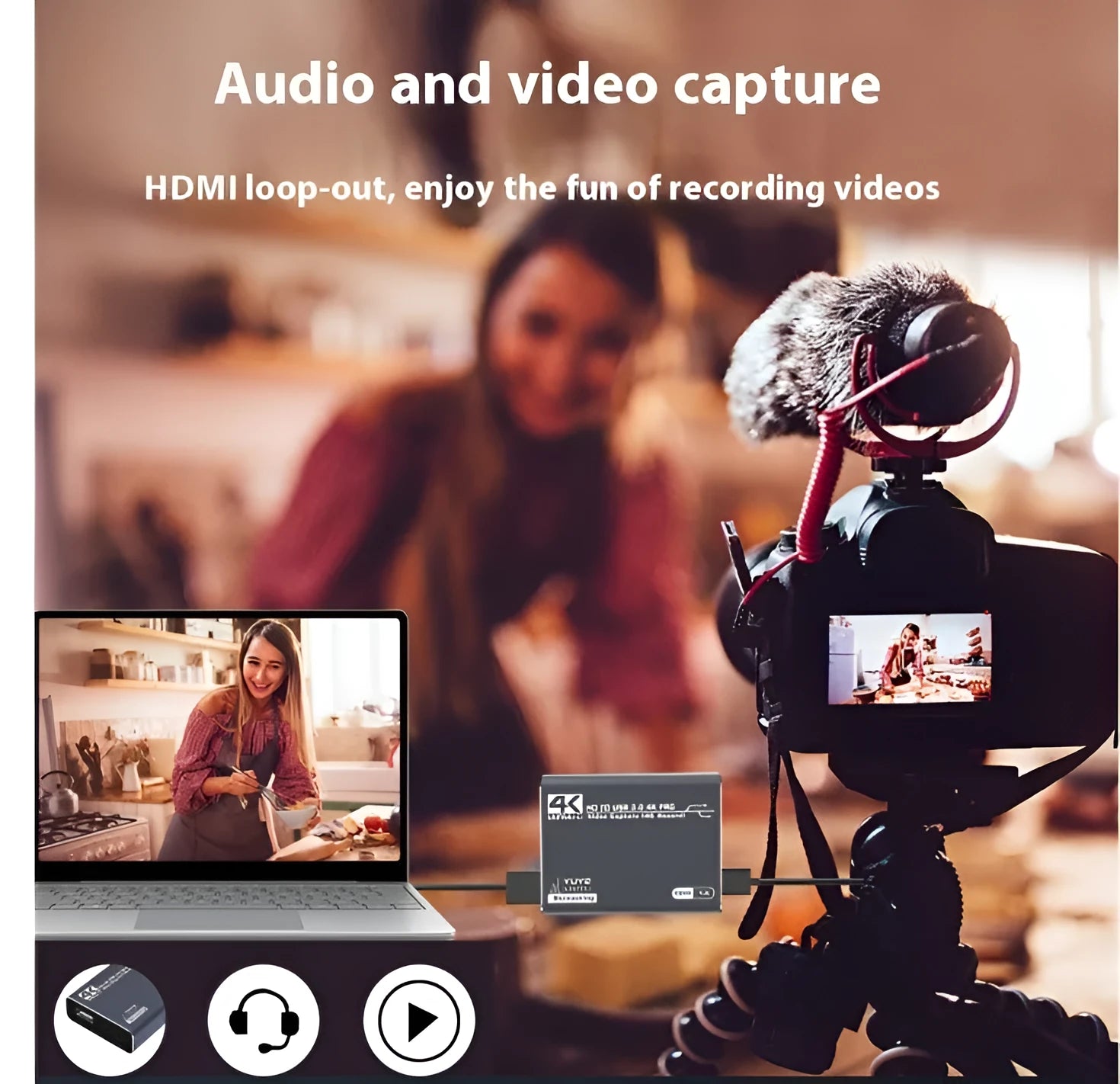 Black 4K gaming set-top box with MS2131 chip for audio recording and 1080p resolution