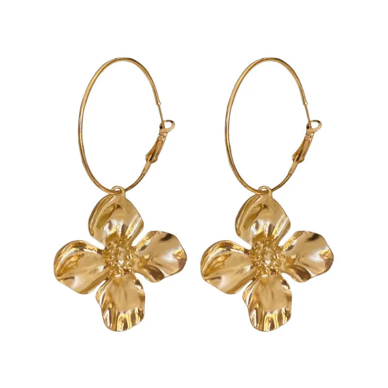 Flower and geometric design metal earrings in gold or silver electroplated finish with silver needle posts