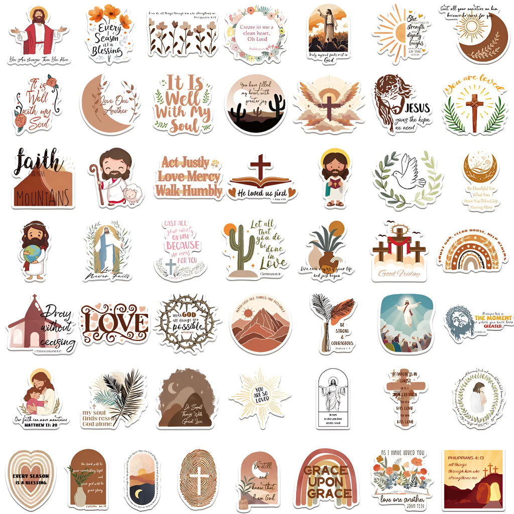 Assortment of 50 colourful printed graffiti stickers on a sheet for decoration