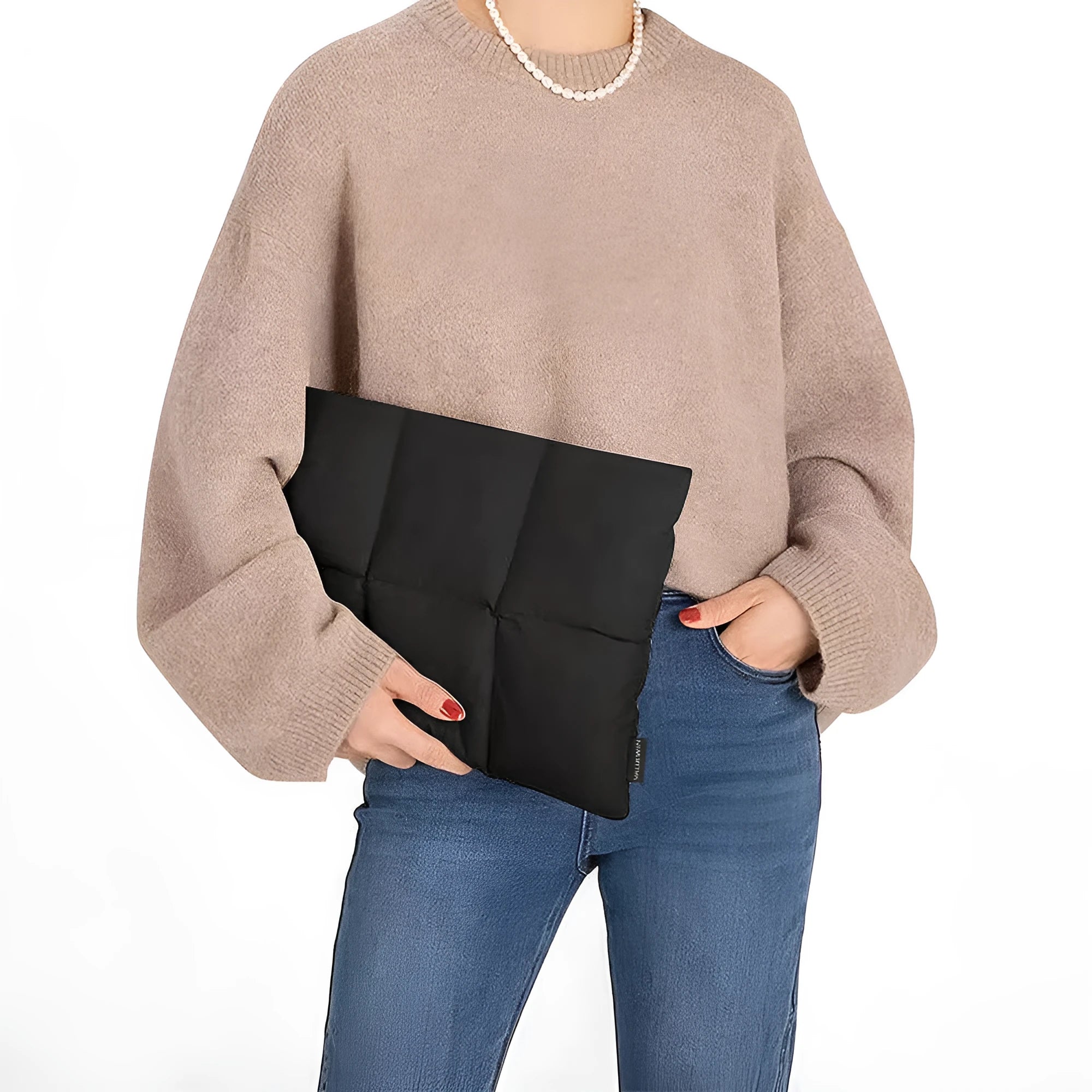 Soft fluffy polyester laptop sleeve in black or khaki with sewing thread detailing and four size options