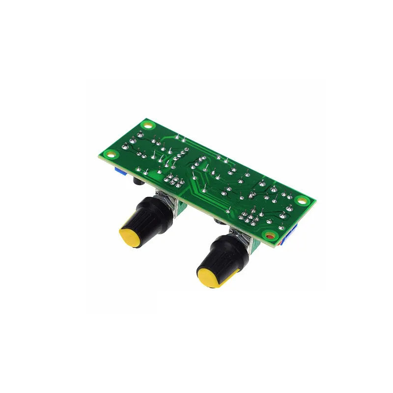 Front stage audio bass boost circuit board on FR-4 PCB with potentiometers