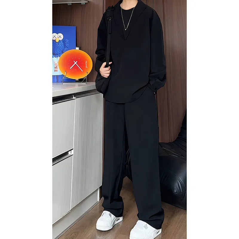 Men's black slim fit long sleeve polo shirt and trousers casual two-piece suit set