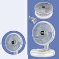 Blue USB charging foldable table fan with LED light showing wall mounting option and 300° tilt adjustment