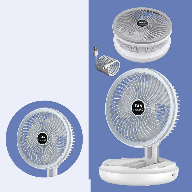 Blue USB charging foldable table fan with LED light showing wall mounting option and 300° tilt adjustment