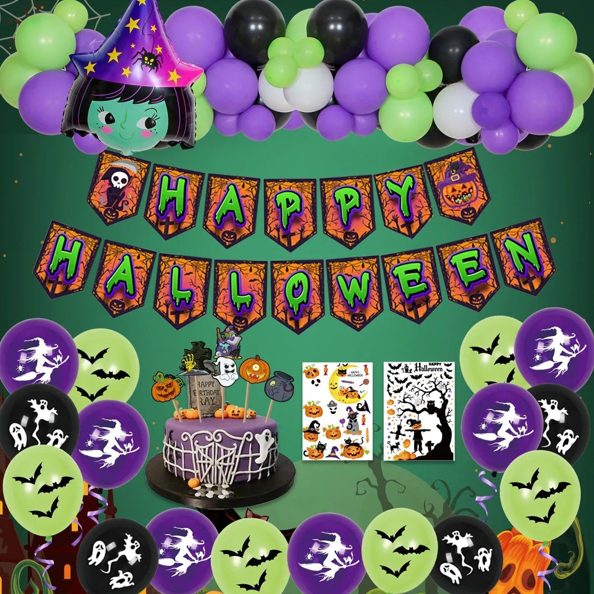 White and black latex Halloween balloons with skull and pumpkin designs for a spider balloon arch.
