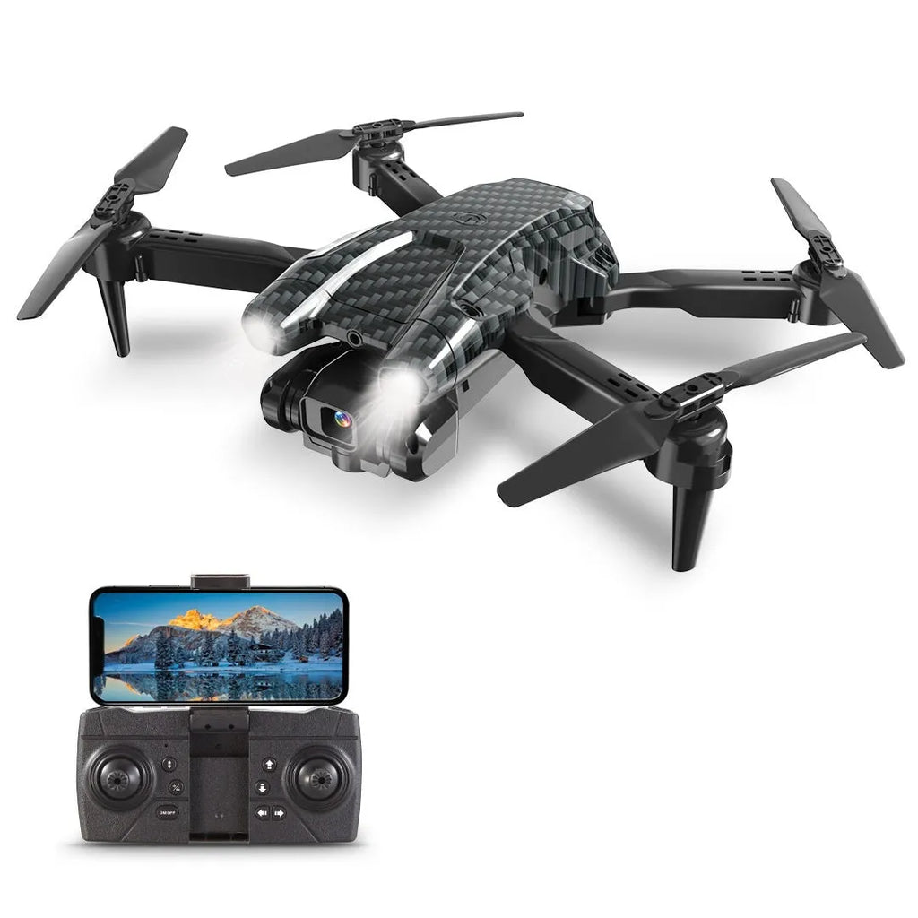 S138 black folding drone with propellers extended, showing its compact size of less than 30cm.