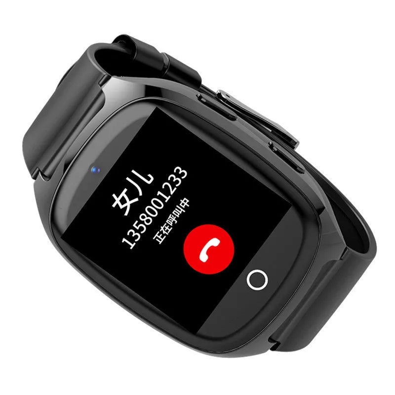 Black GPS smartwatch with touch screen displaying heart rate monitor and SOS functions