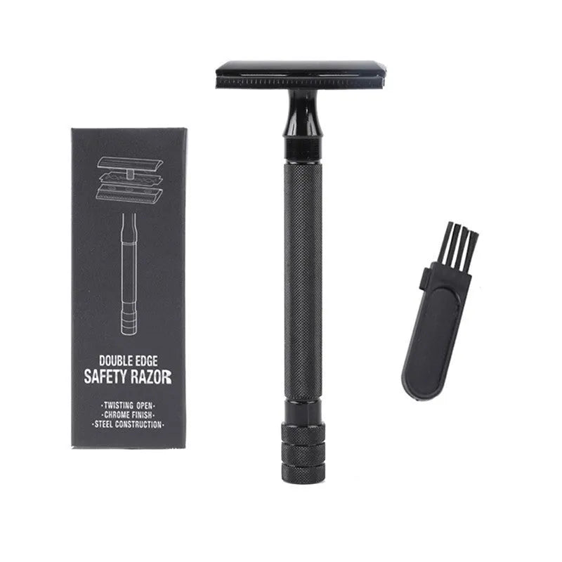 Traditional manual shaving kit showing a metal safety razor and a shaving brush on a dark background.