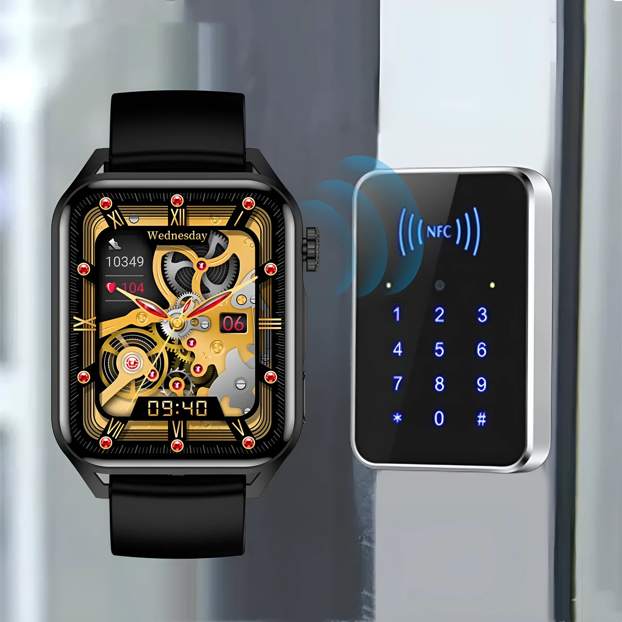 Smart watch with AMOLED screen and silicone strap showing black, pink and silver grey colour options