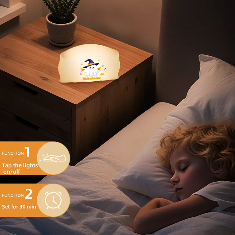 Cartoon Halloween doll table lamp in Magic Ghost or Pumpkin Ghost colour, showing USB Type-C port.