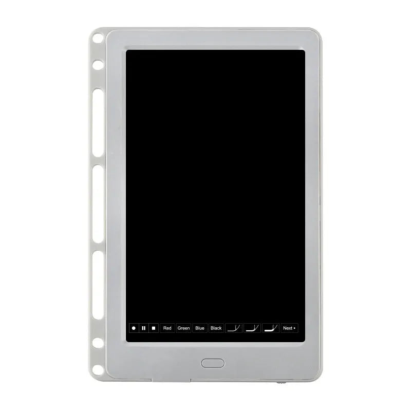 85-inch black electronic writing pad with stitching design and smart pen on a desk