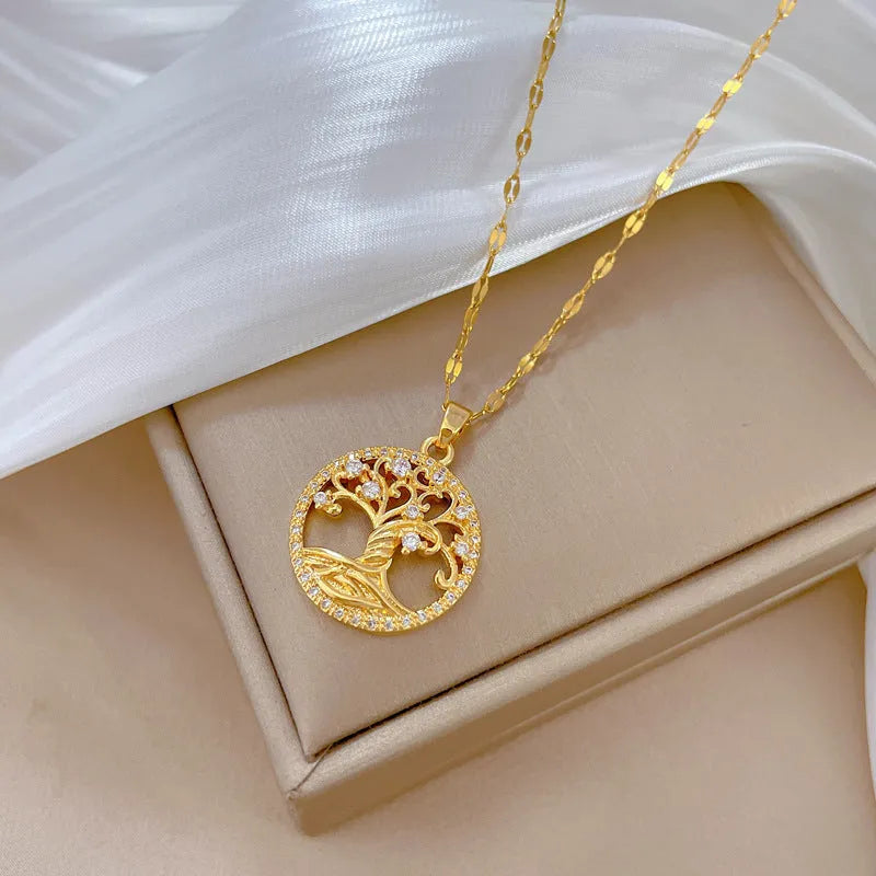 Gold plated necklace with mother pearl pendant and rhinestone lucky tree pattern on stainless steel chain
