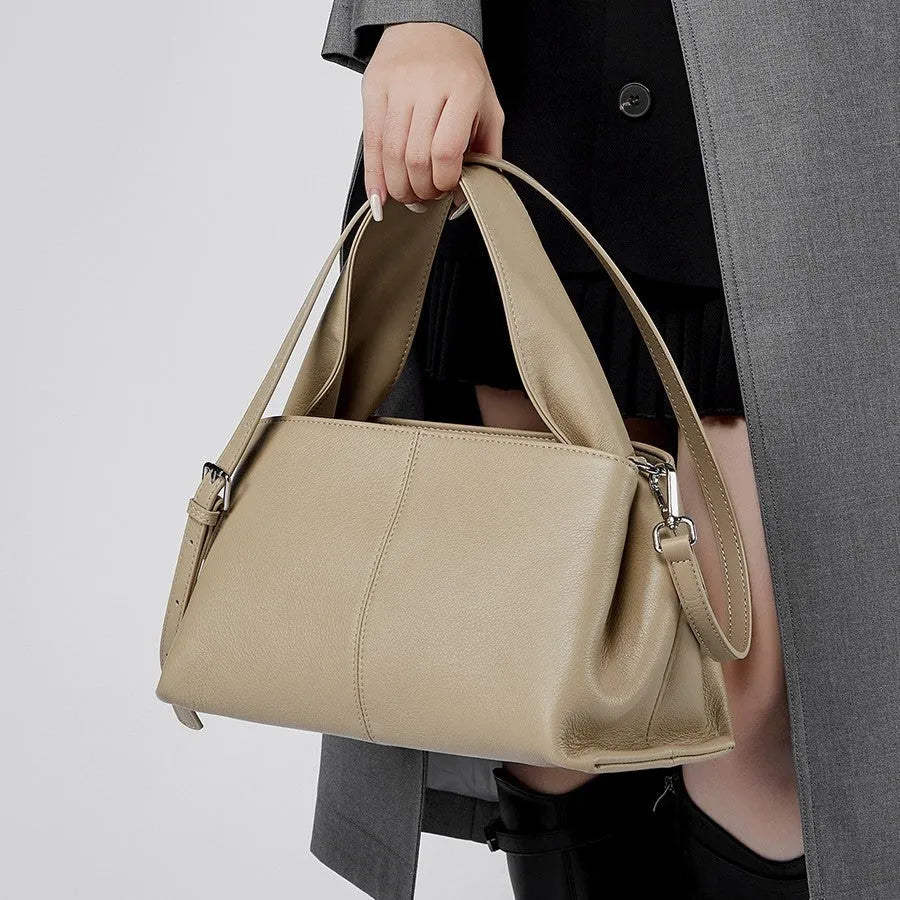 Women's genuine leather retro texture messenger bag in horizontal square shape with double shoulder strap