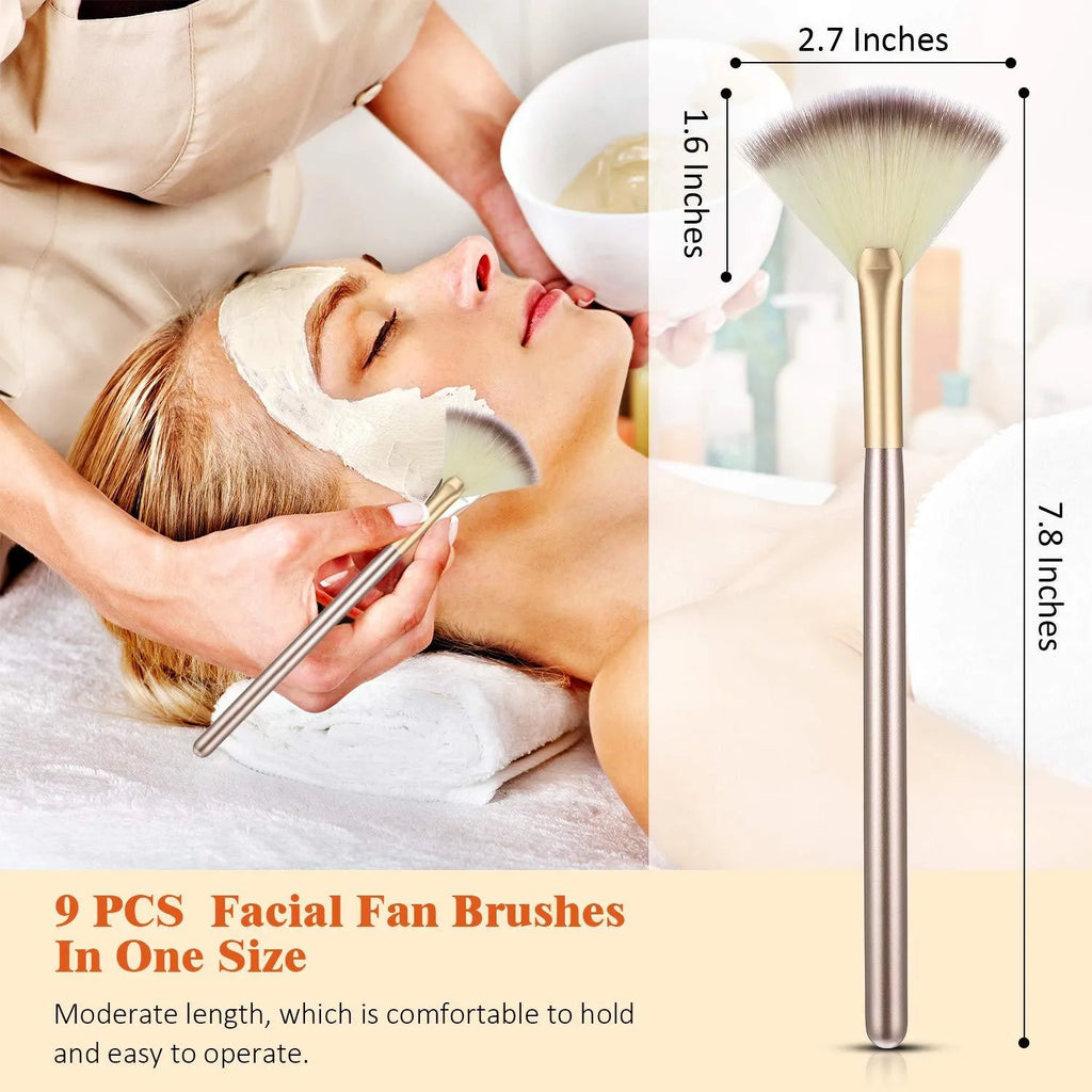 10 professional facial fan brushes with champagne finish and protective covers for mask and makeup application