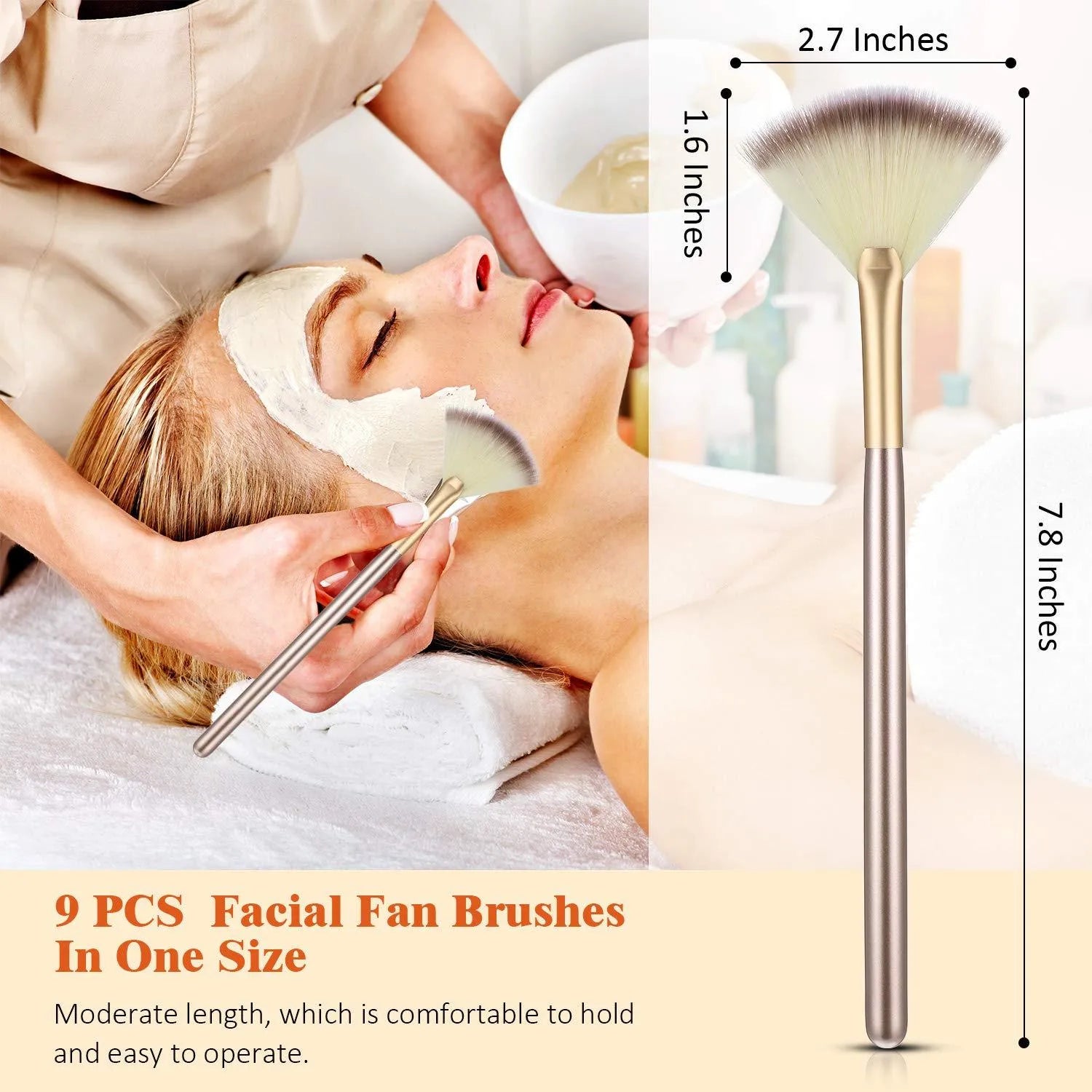 10 professional facial fan brushes with champagne finish and protective covers for mask and makeup application