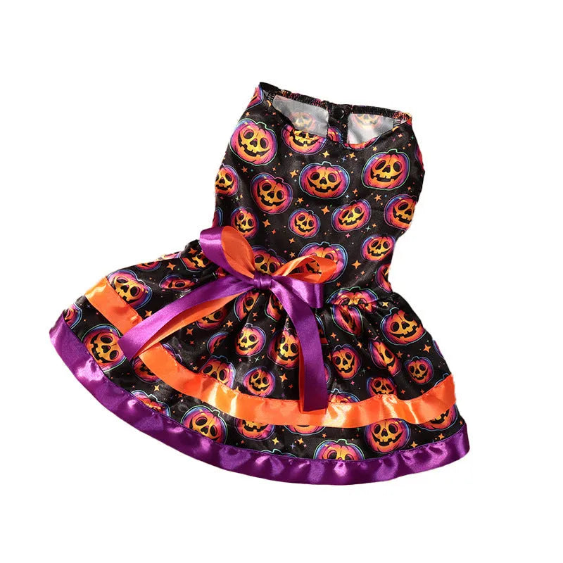 Halloween dog skirt with colourful pumpkin print, shown in size M on a mannequin.