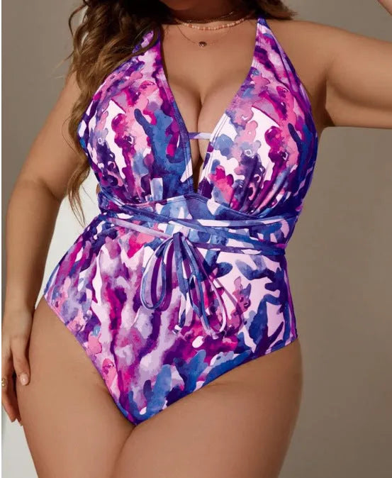 Blue and purple halterneck one-piece swimsuit for adult women in sizes M to 3XL