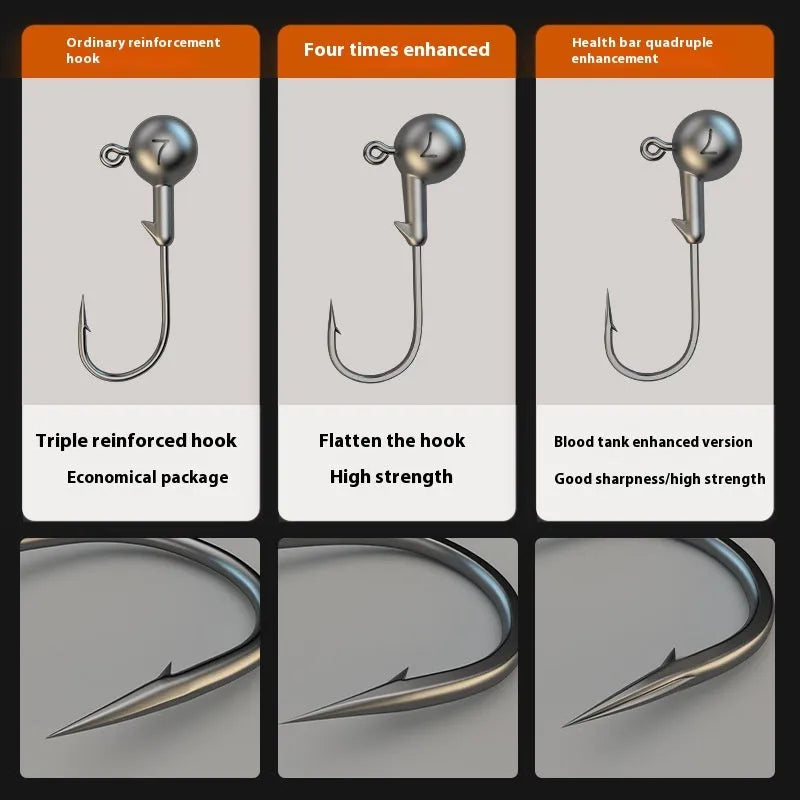 Enhanced jig hook fishing set with 50 pieces including 4 times strengthened 7g hooks in primary colours