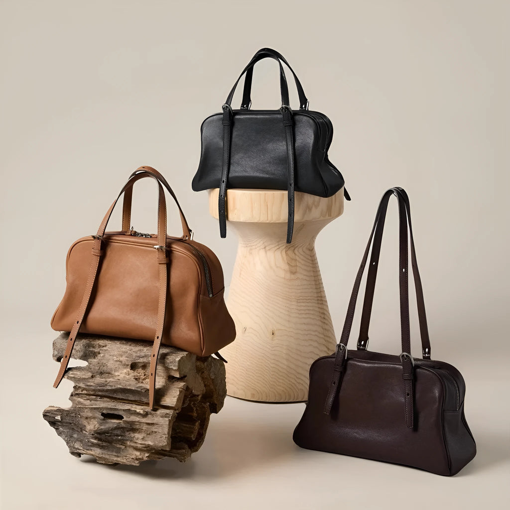 Women's retro genuine leather shoulder bag in horizontal square design with double straps