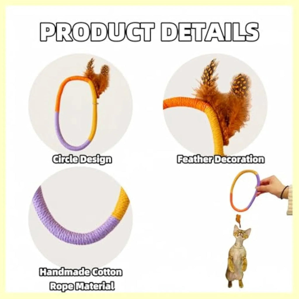 Green circular cotton rope cat toy with feathers and catnip for interactive play