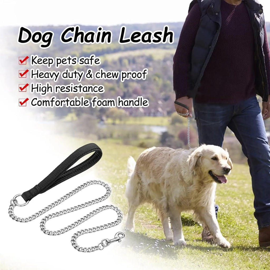 Heavy-duty black metal chain dog leash with a soft blue padded handle, shown attached to a dog collar.