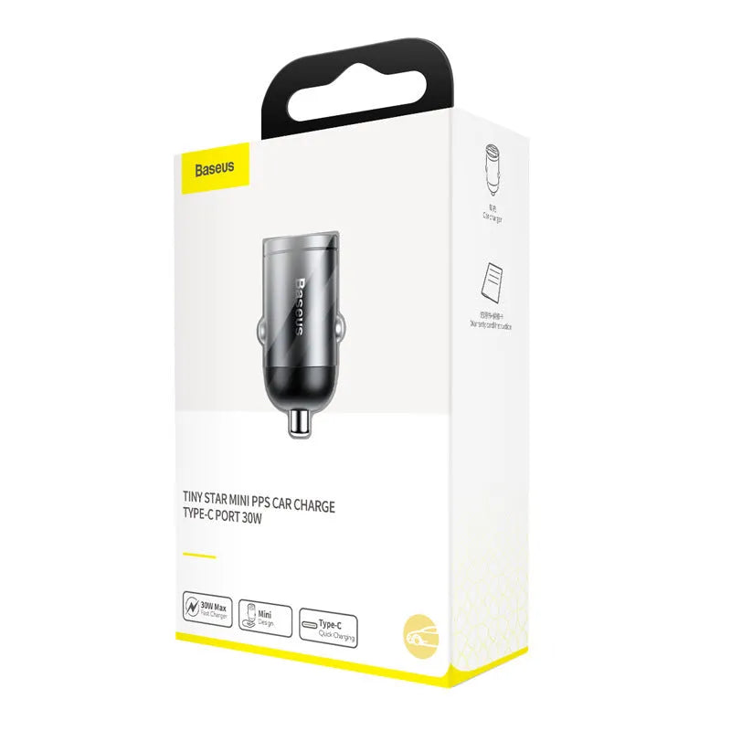 Baseus electro-optical grey mini car charger with 1 metre cable for 30W PPS fast charging