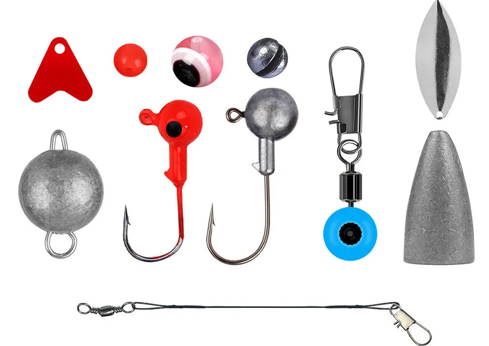 257-piece fishing lure accessories set in organised orange storage box with Texas rig, sea fishing, and rock fishing tackle