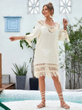 Women's apricot hand-crocheted beach dress with polyester lining for swimming and wading sports